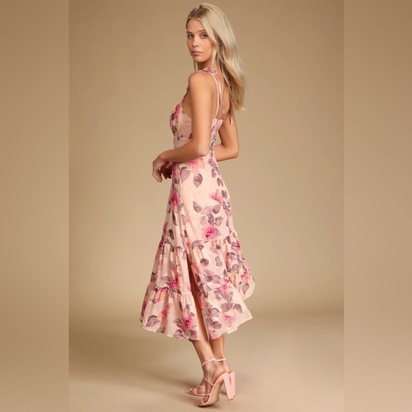 Lulus Tea Party Chic Pink Floral Tie-Strap Tiered Midi Dress - NWT Size M - Picture 3 of 6